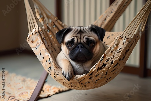 Pug dog is lying in hammock or chaise longue. The pug is lying in a children& x27;s hammock. Sad dog. An animal that. Pug dog is lying in hammock or chaise longue. Pug is lying in children& x27;s hamm photo