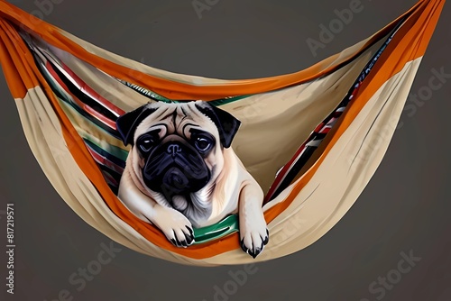 Pug dog is lying in hammock or chaise longue. The pug is lying in a children& x27;s hammock. Sad dog. An animal that. Pug dog is lying in hammock or chaise longue. Pug is lying in children& x27;s hamm photo