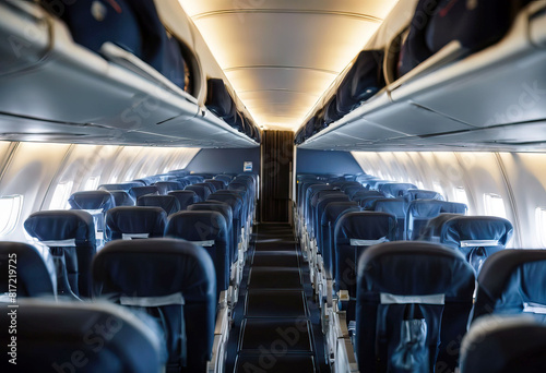 'row seats plane screens dark interiors narrow blue seats Airplane passenger commercial middle Empty Peaceful cabin tranquil airplane small aisle Aircraft Plane Empty Background Design Travel'