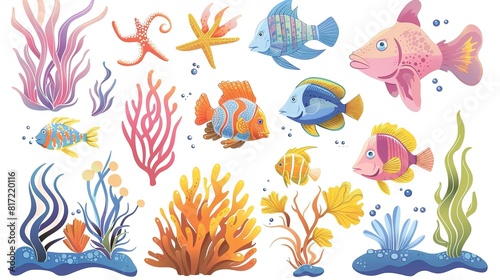 Vivid illustration of marine life: colorful fish, coral reefs and starfish in an underwater scene