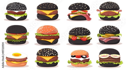 Assorted gourmet black buns with assorted toppings isolated on white