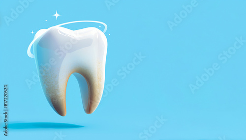 Digital illustration of a tooth with blue background and technology elements