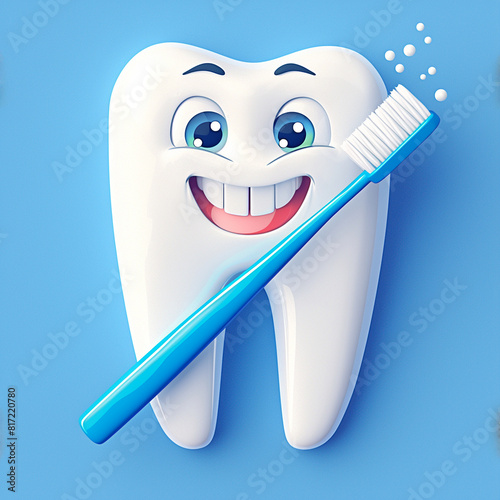 Happy cartoon tooth with toothbrush and toothpaste in graphic style photo