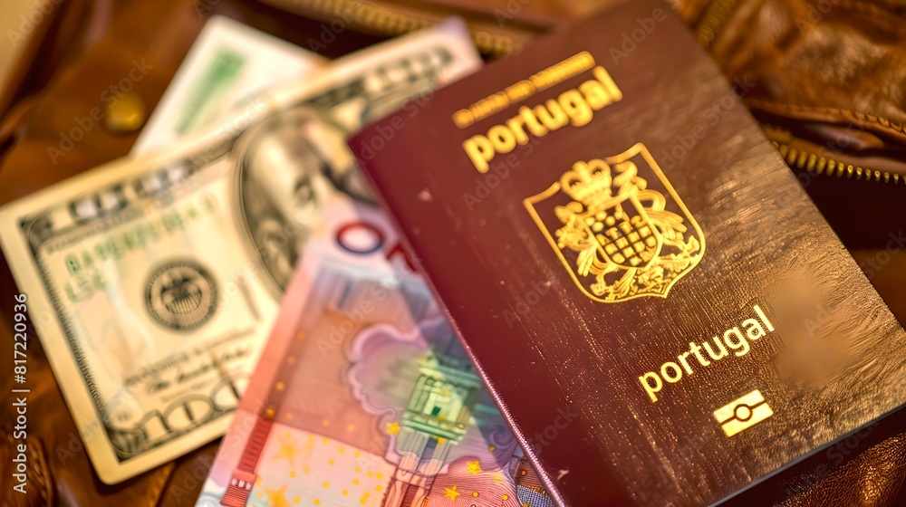Portuguese passport with various currencies on a wooden surface. Travel and financial concept. International tourism illustrated. Close-up shot, vibrant colors. AI Portuguese passport with various currencies on a wooden surface. Travel and financial concept. International tourism illustrated. Close-up shot, vibrant colors. AI