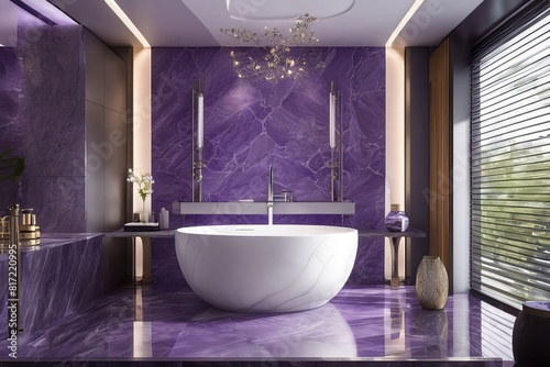 Refreshing bathroom d  cor featuring a dominant lilac color scheme. A serene oasis.