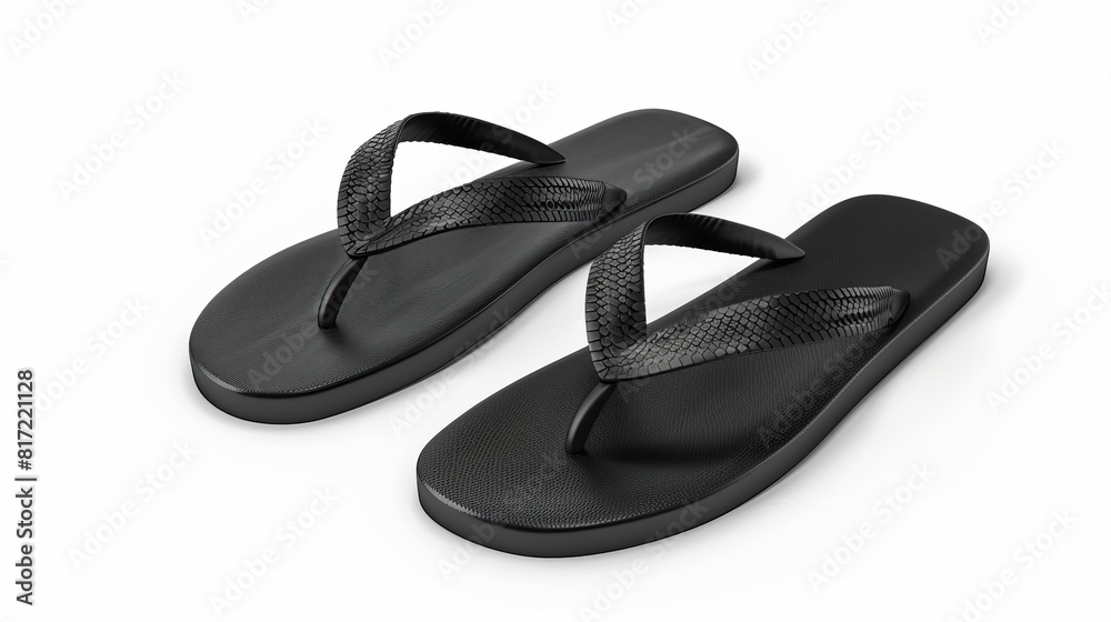 Illustration of a pair of blank black beach slippers, presented as a 3D mockup template on a white background. Illustration of a pair of blank black beach slippers, presented as a 3D mockup template on a white background.