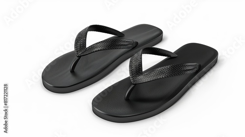Illustration of a pair of blank black beach slippers, presented as a 3D mockup template on a white background.