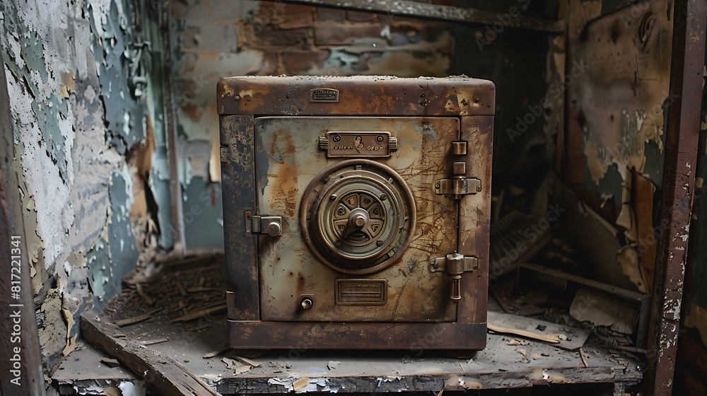 A weathered antique safe in a dusty basement, its combination dial waiting to be turned.