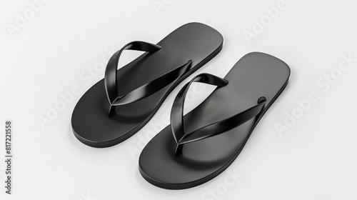 Illustration of a pair of blank black beach slippers, presented as a 3D mockup template on a white background.