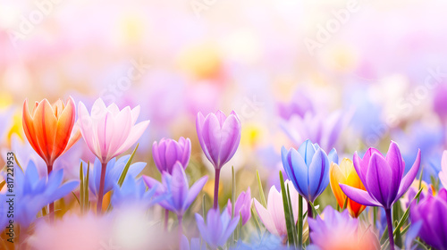 Purple crocus flowers in spring. A vibrant mix crocuses blanket the grassy field, creating a stunning natural landscape of blooming flowering plants
