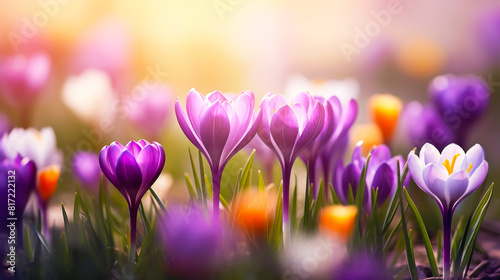 Purple and white spring crocuses bring color to the grassy natural landscape