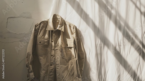 Fashion-forward jacket showcased against a neutral white surface, symbolizing effortless coolness and trendsetting style. photo