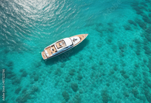 'azure yacht balearic view seashore aerial transparent islands boat floating people summer sunny bay sea day top seascape drone luxury yachts motion ship' photo