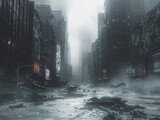 Capture a frontal view of a dystopian cityscape with a touch of impressionism