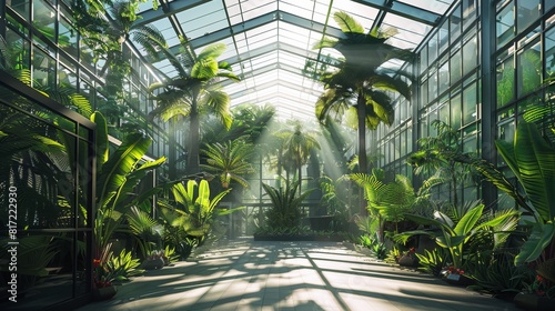 Interior large modern green house with angled glass roof with trees and palms and jungle inside inside. Generative AI. photo