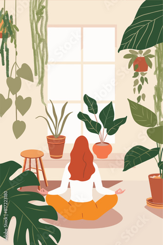 A vector illustration of a young woman practicing yoga at home surrounded by plants