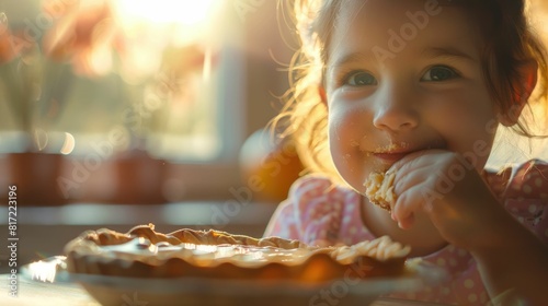 A young girl is seated at a table with a delicious pie in front of her. The aroma of freshly baked goods fills the room, enticing her to take a bite and share the tasty treat with others AIG50 photo