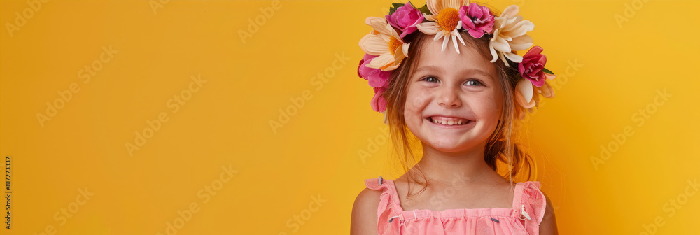 Fototapeta premium Portrait of a little girl with a wreath of flowers on her head on a yellow background