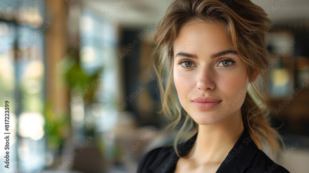Young woman smiling, modern office in the background. Young woman smiling, modern office in the background.