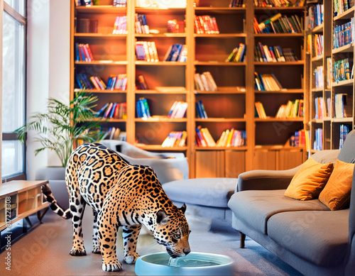 Jaguar drinks water in an artificial tank at home. Interior environment with bookcase and soft light.