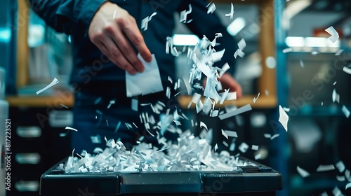 Shredded paper falling into a bin as a powerful shredder does its job.