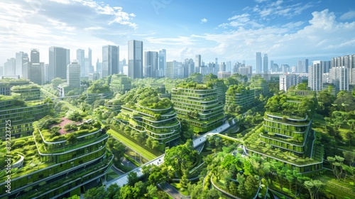 Sustainable Urban Future: Green Roofs and Parks in a Thriving City Skyline - Ideal for Eco-Conscious Design and Environmental Themes