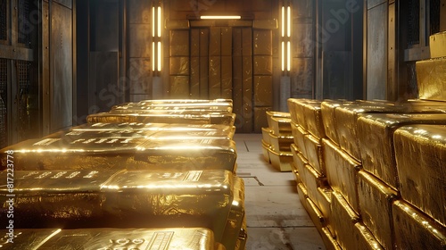 Stacks of gold bars neatly arranged inside a secure vault, their weight palpable.