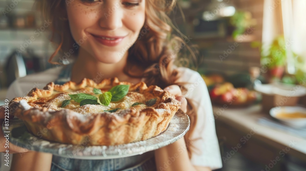 A woman is enjoying a piece of freshly baked pie on a tartan plate, savoring the flaky crust and tasty filling as she chews with satisfaction AIG50