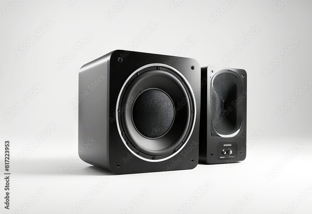 'background white isolated speaker black music audio equipment sound bass circle electronic loud stereo system loudspeaker object technology treble watt woofer amplifier big closeup'