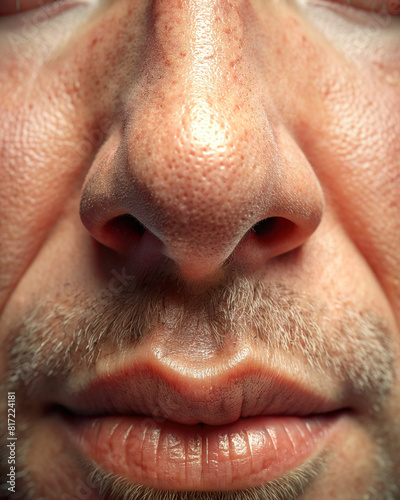 A detailed shot of a human nose, displaying the nostrils and bridge with clarity.