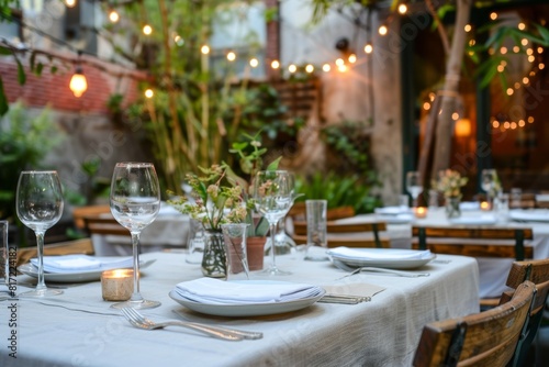 Sustainable Outdoor Dining Setup with Compostable Dinnerware and Organic Linen Tablecloths in Elegant Garden Setting