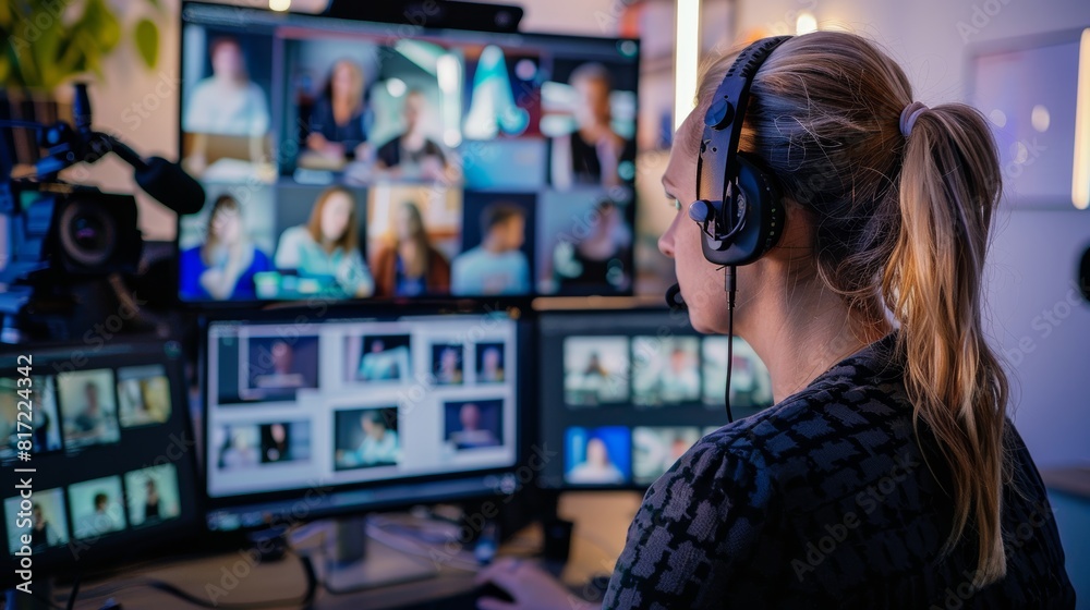 Professional Woman Leading Virtual Webinar with Advanced Camera Setup for Interactive Online Presentation Professional Woman Leading Virtual Webinar with Advanced Camera Setup for Interactive Online Presentation