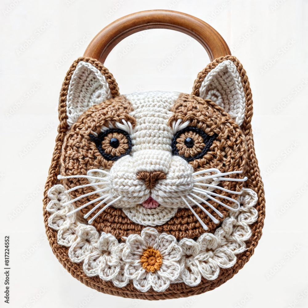 Purr-fectly Crafted: Tan and White Cat Purse with Floral Flair Purr-fectly Crafted: Tan and White Cat Purse with Floral Flair