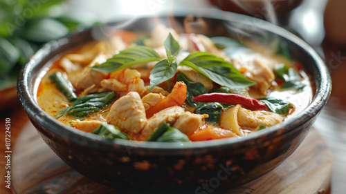 Steaming bowl of Thai Tom Yum chicken soup with fresh herbs. photo