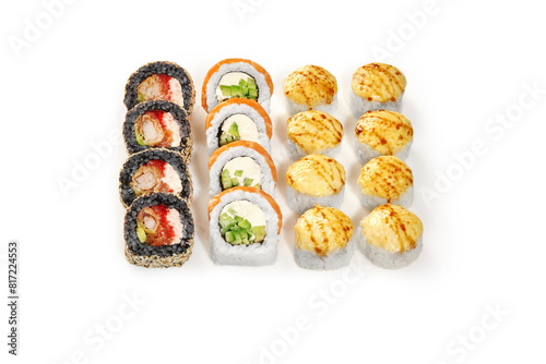 Set of sush rolls with shrimp, tobiko, salmon and seared cheese