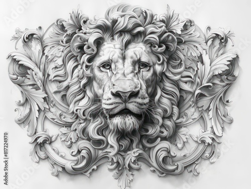 lion face symmetrical ornamental filigree, black and white stone statue, tattoo design