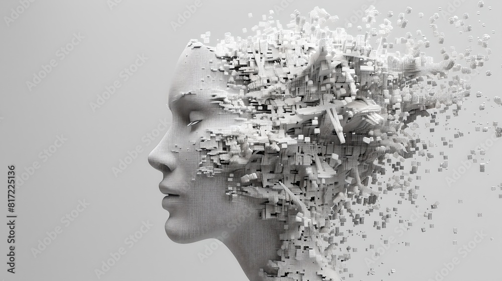 Artistic digital bust of a woman disintegrating into particles. Grey-scale image with modern, abstract style, ideal for contemporary art themes. AI Artistic digital bust of a woman disintegrating into particles. Grey-scale image with modern, abstract style, ideal for contemporary art themes. AI