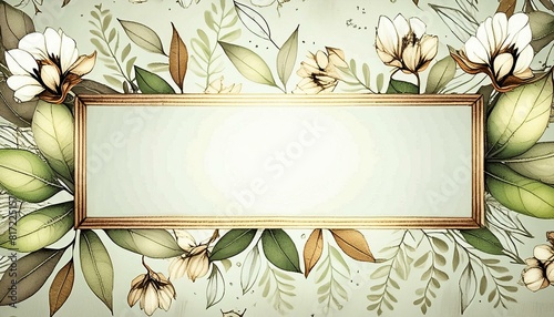 Wooden frame surrounded by cotton twigs, leaves and grasses. Natural, ecological background with space for text photo