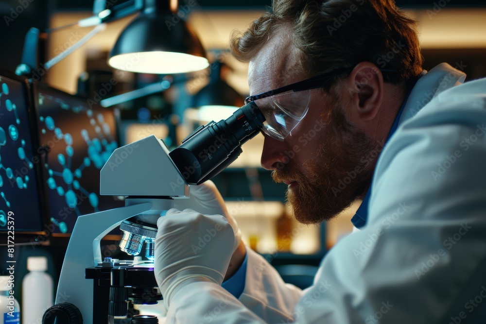 Scientist Using Advanced Microscope to Study Molecular Structures for Research and Development Scientist Using Advanced Microscope to Study Molecular Structures for Research and Development