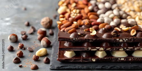 Assortment of Delicious Chocolate Bars with Nuts: A Variety of Dessert Delights. Concept Chocolate Bars, Nuts, Dessert, Variety, Delicious © Anastasiia