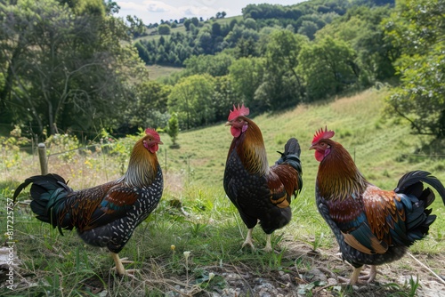 chickens at a poultry farm, green grass fields