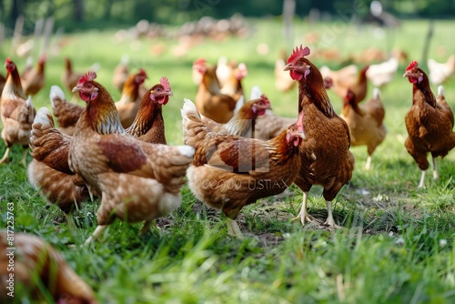 chickens at a poultry farm, green grass fields