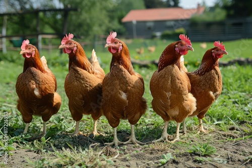 chickens at a poultry farm, green grass fields