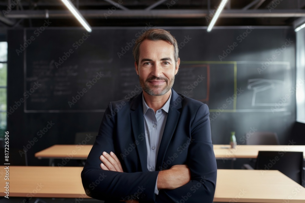 smiling entrepreneur by conference table in office smiling entrepreneur by conference table in office