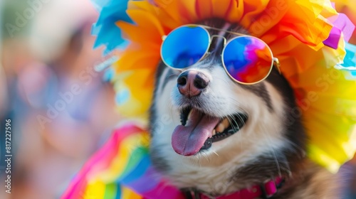 a Siberian Husky dressed in a colorful rainbow costume at a Pride festival. The dog is wearing a vibrant headpiece and mirrored sunglasses  adding to its playful and festive appearance.