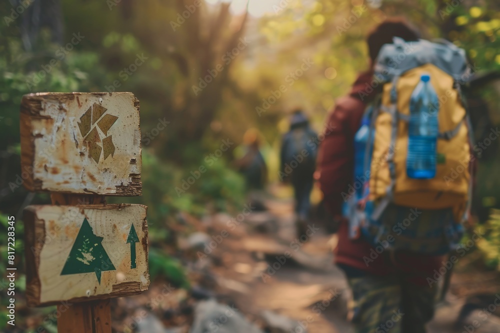 Eco-Friendly Hiking Trail with Recycled Signage and Upcycled Gear in a Forest Eco-Friendly Hiking Trail with Recycled Signage and Upcycled Gear in a Forest