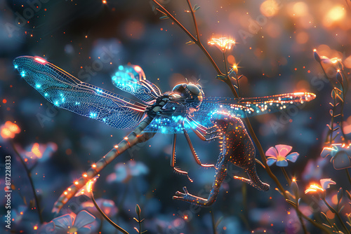 Render a metallic dragonfly perched on a wireframe tree branch in a holographic meadow, with a robotic frog leaping towards a hologram pond reflecting neon stars