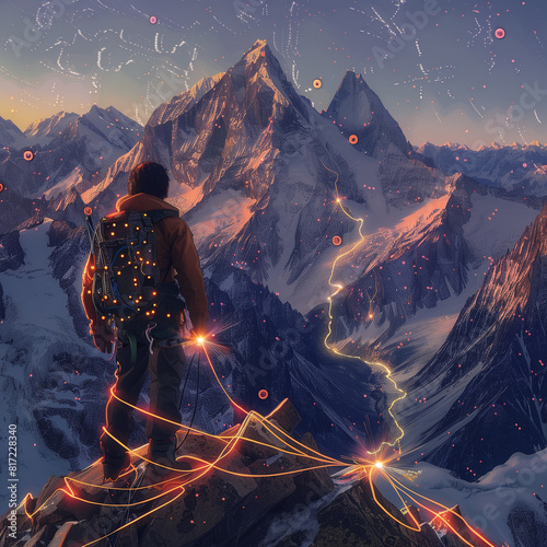 A Climber Stands on a Mountain Peak and Looks at Various Floating Objects