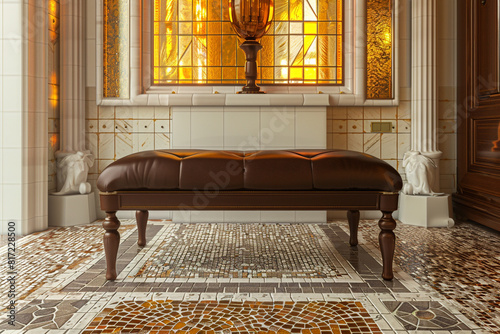 Sophisticated art deco bedroom scene with a frontal view of a chocolate brown leather bench, mosaic tile flooring, and amber glass decor.