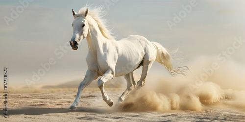 A white horse runs through the desert.